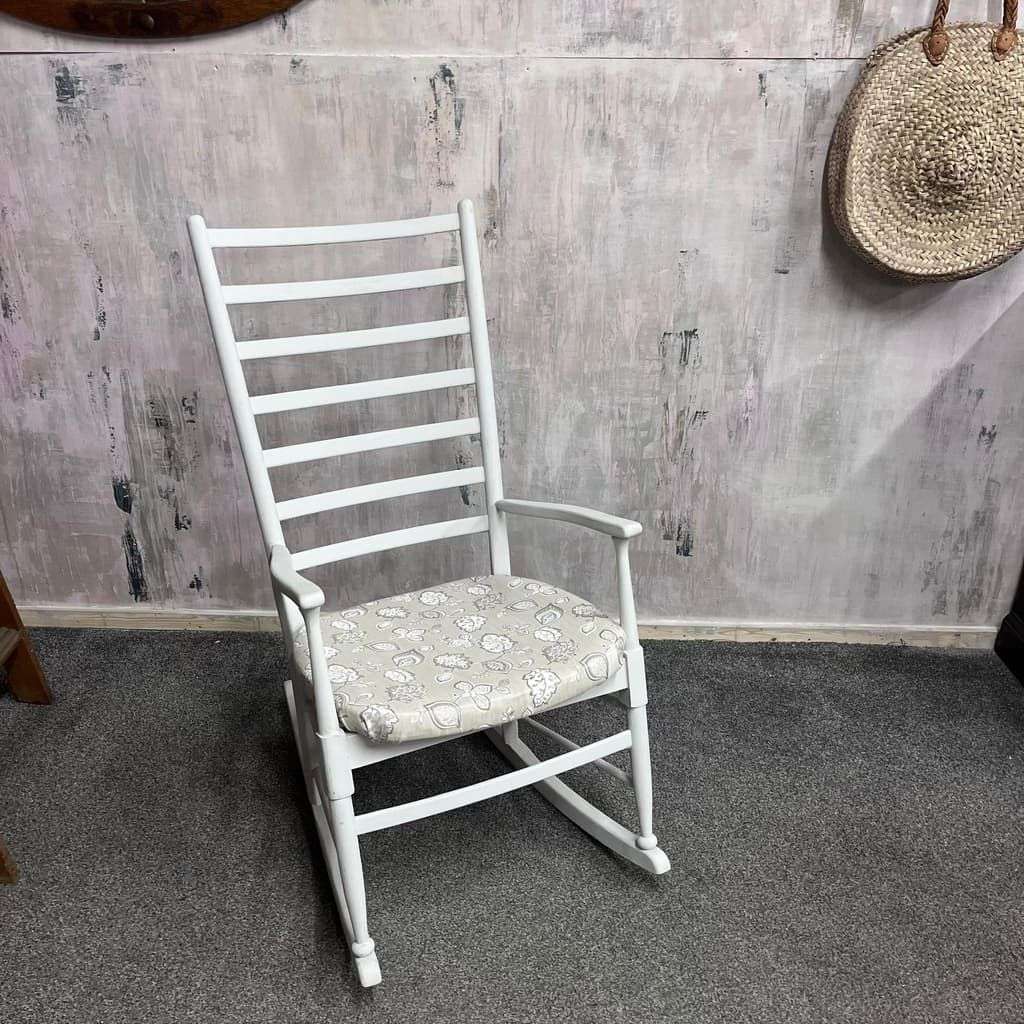 Vintage Wooden Rocking Chair Painted White Upholstered Seat Ladder Back