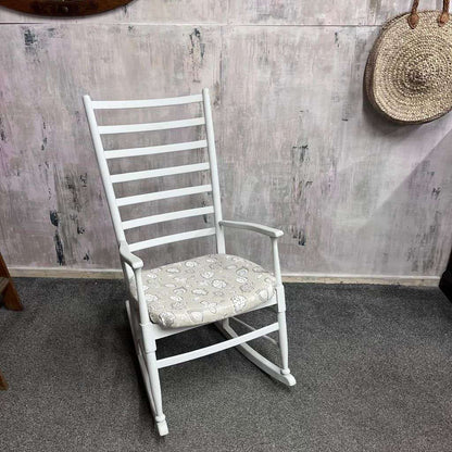 Vintage Wooden Rocking Chair Painted White Upholstered Seat Ladder Back
