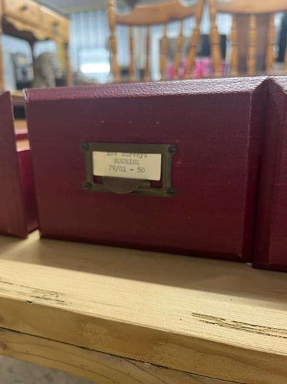 Vintage 6 Red Faux Leather Covered Filing Drawers Brass Handles Label Holders