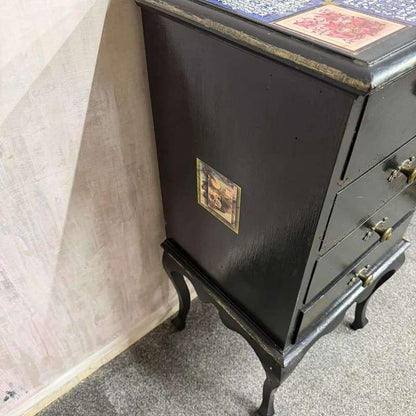 Black Painted 4 Drawer Night Stand Decoupage Top And Sides Cabriole Legs