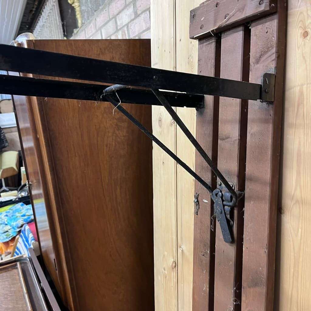 Vintage Folding Trestle Bench Stained Slatted Top Metal Legs Great Patina