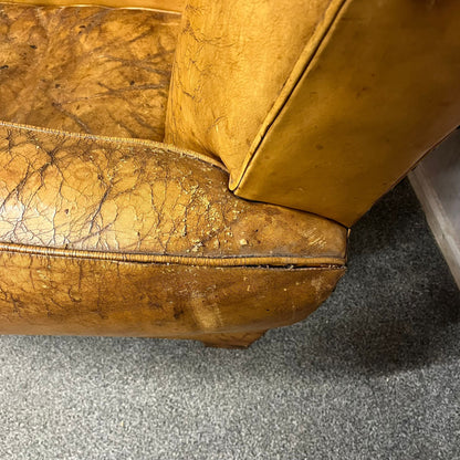 Vintage Rustic Tan Leather Low Armchair Great Patina Studded Back