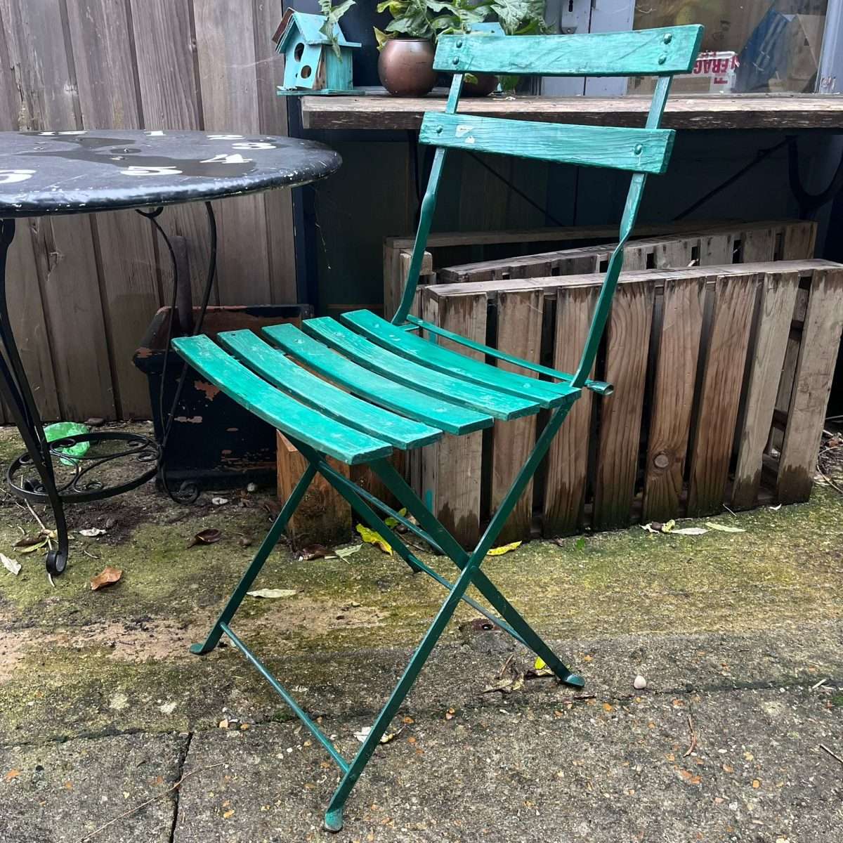 Vintage Pair Green Folding Garden Chairs Slatted Seat And Back