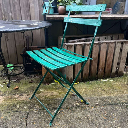 Vintage Pair Green Folding Garden Chairs Slatted Seat And Back