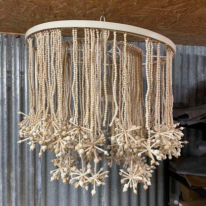 Anthropologie Cream Wooden Beaded Star Pendant Chandelier Light Fitting