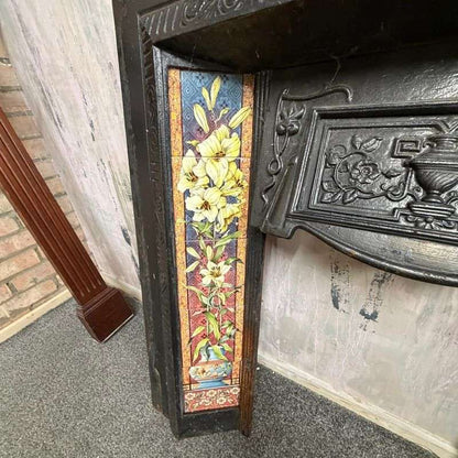 Vintage Cast Iron Tiled Fire Surround Floral Pattern Ornate Design Heavy