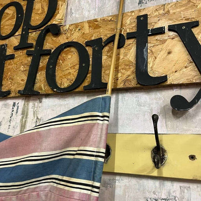 Vintage Retro Homemade Sun Screen Wood &amp; Bamboo Pole Faded Striped Fabric