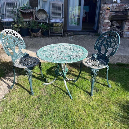 Painted Garden Table &amp; 2 Chairs Great Patina Peeling Paint Solid