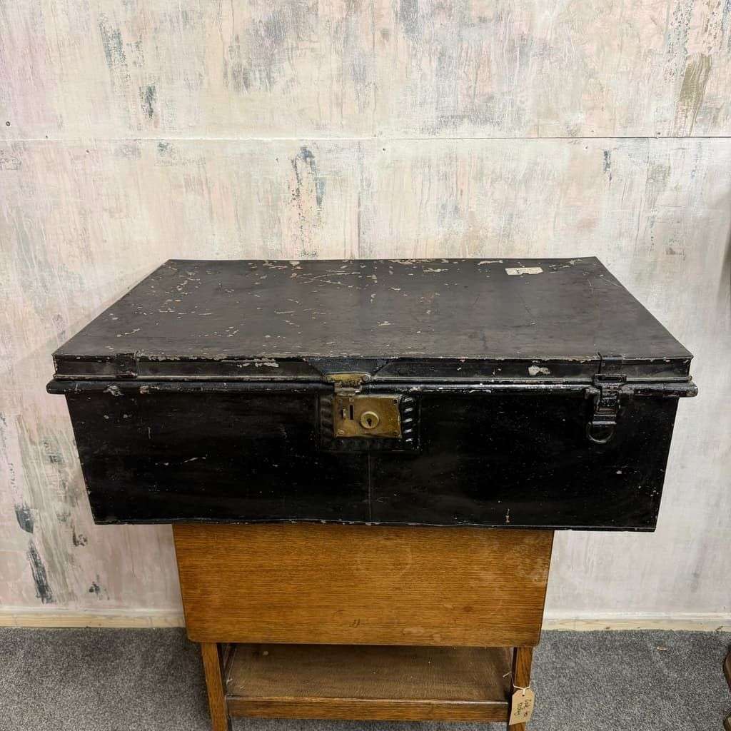 Large Vintage Solicitors Black Metal Deed Chest Coffee Table TV Stand