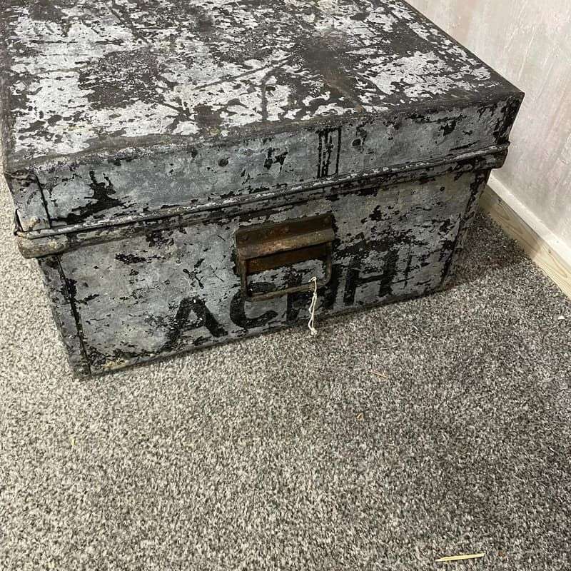 Rustic Black And Grey Metal Travel Trunk Latch Side Handles Coffee Table Chest