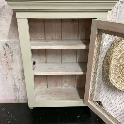 Painted Shabby Chic Kitchen Wall Cupboard 2 Shelves Chicken Wire Door