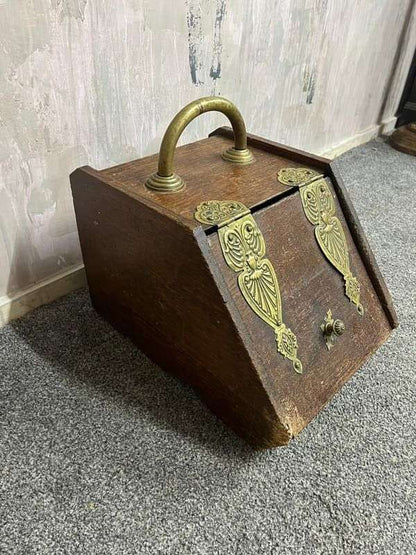 Vintage Wood &amp; Brass Coal Scuttle Handle Lift Up Lid Ornate