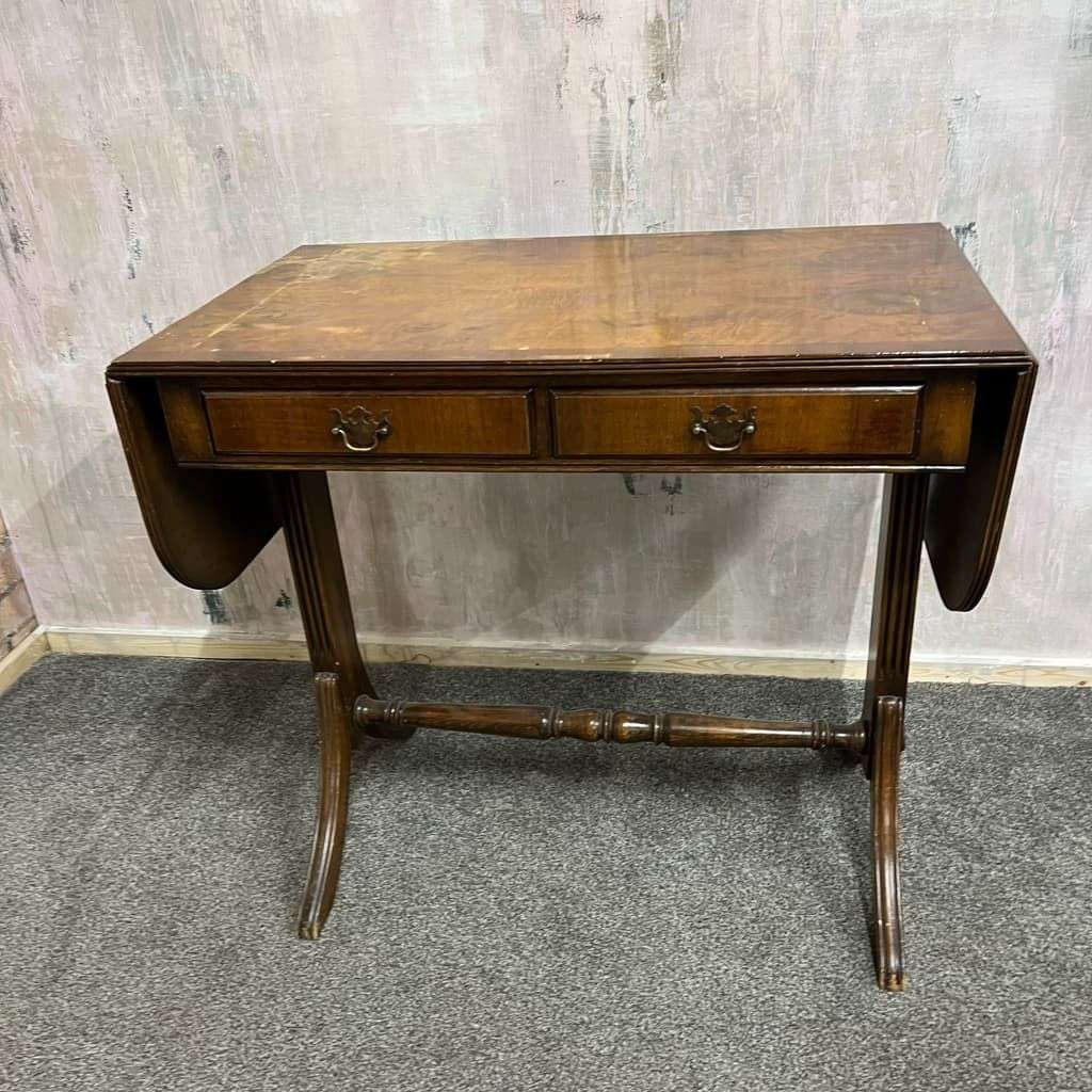 Antique Walnut Side Console Table Drop Leaf Two Drawers Desk