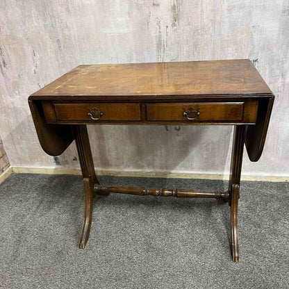 Antique Walnut Side Console Table Drop Leaf Two Drawers Desk