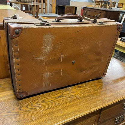 Vintage Revelation Brown Suitcase Leather Corners &amp; Handle Metal Clasps