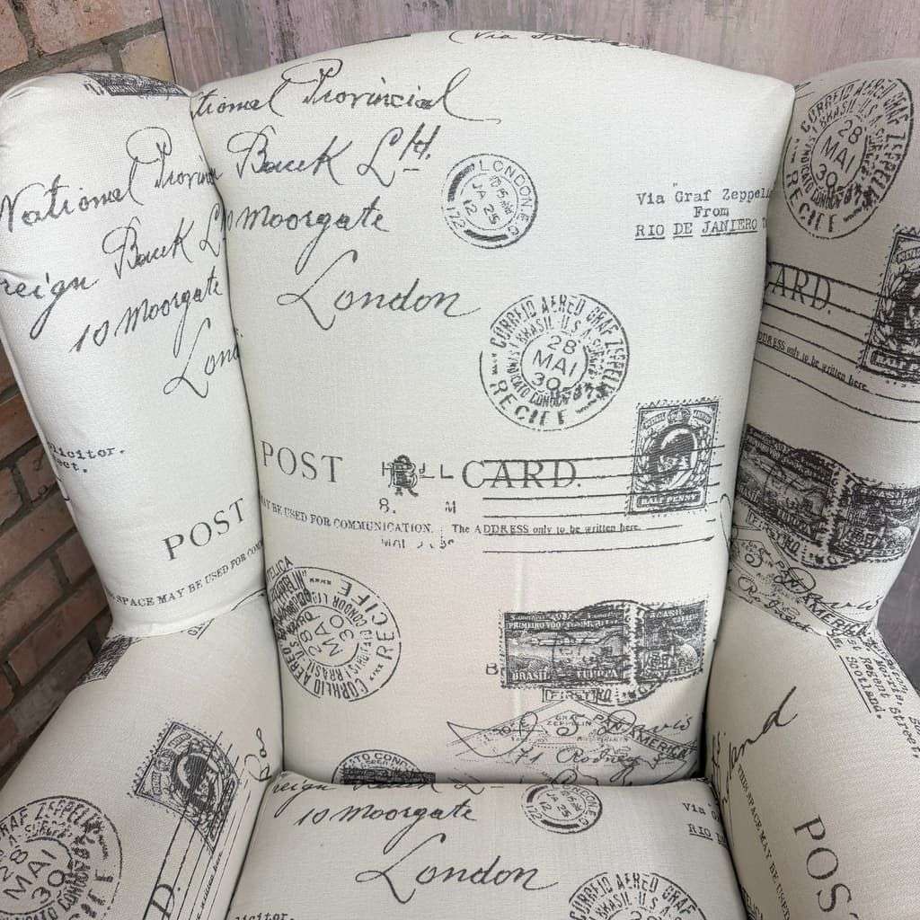 Pair Modern Upholstered Wingback Armchairs Scrolled Arms Postcard Fabric Design