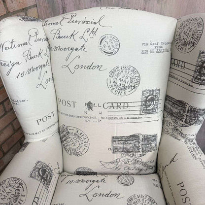 Pair Modern Upholstered Wingback Armchairs Scrolled Arms Postcard Fabric Design