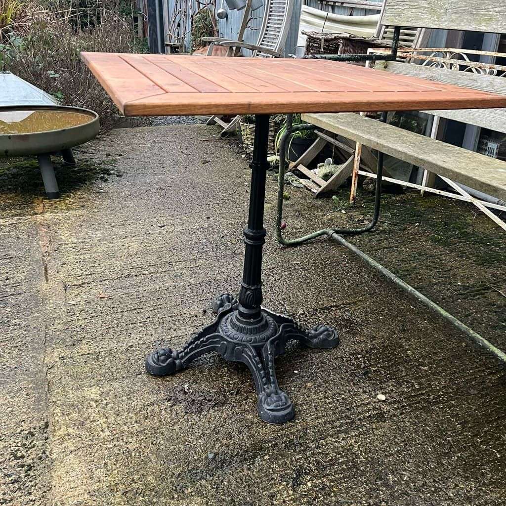 Teak Slatted Top Garden Table Black Wrought Iron Ornate Iron Base