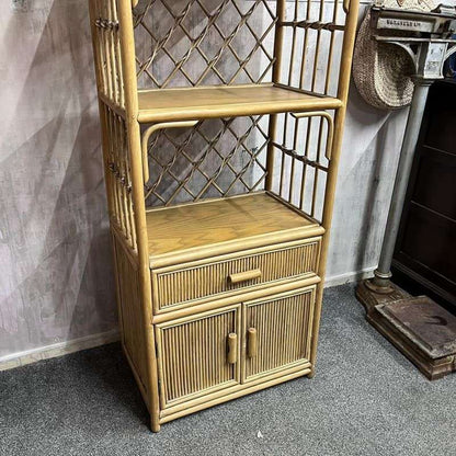 Vintage Bamboo Arched Shelving Unit Drawer Double Cupboard Lattice Back