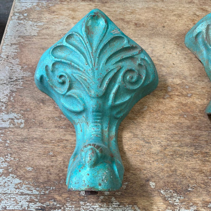 4 Antique Victorian Cast Iron Claw Bath Feet Green Great Patina Fleur De Lys